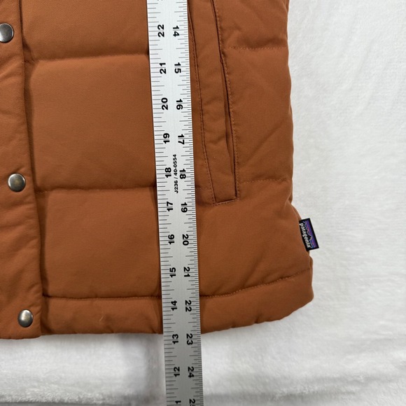 Patagonia Womens Bivvy Down Vest Hooded Puffer Brown‎ Blue Snap Front Sz S READ - Picture 3 of 15